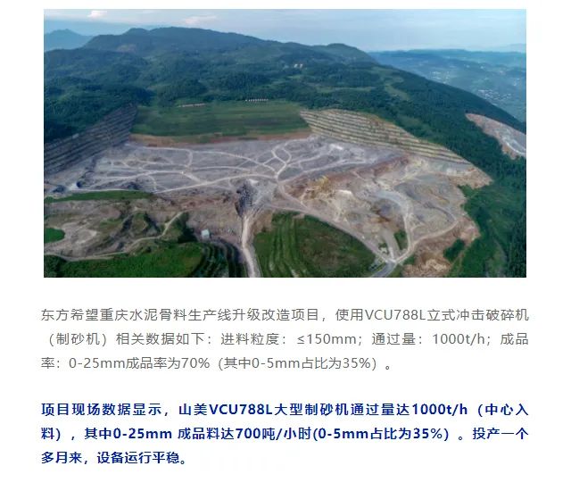 砂石協會報道！上海山美大進料、大產量立式沖擊破碎機（制砂機）成功用于東方希望骨料生產線升級改造項目！